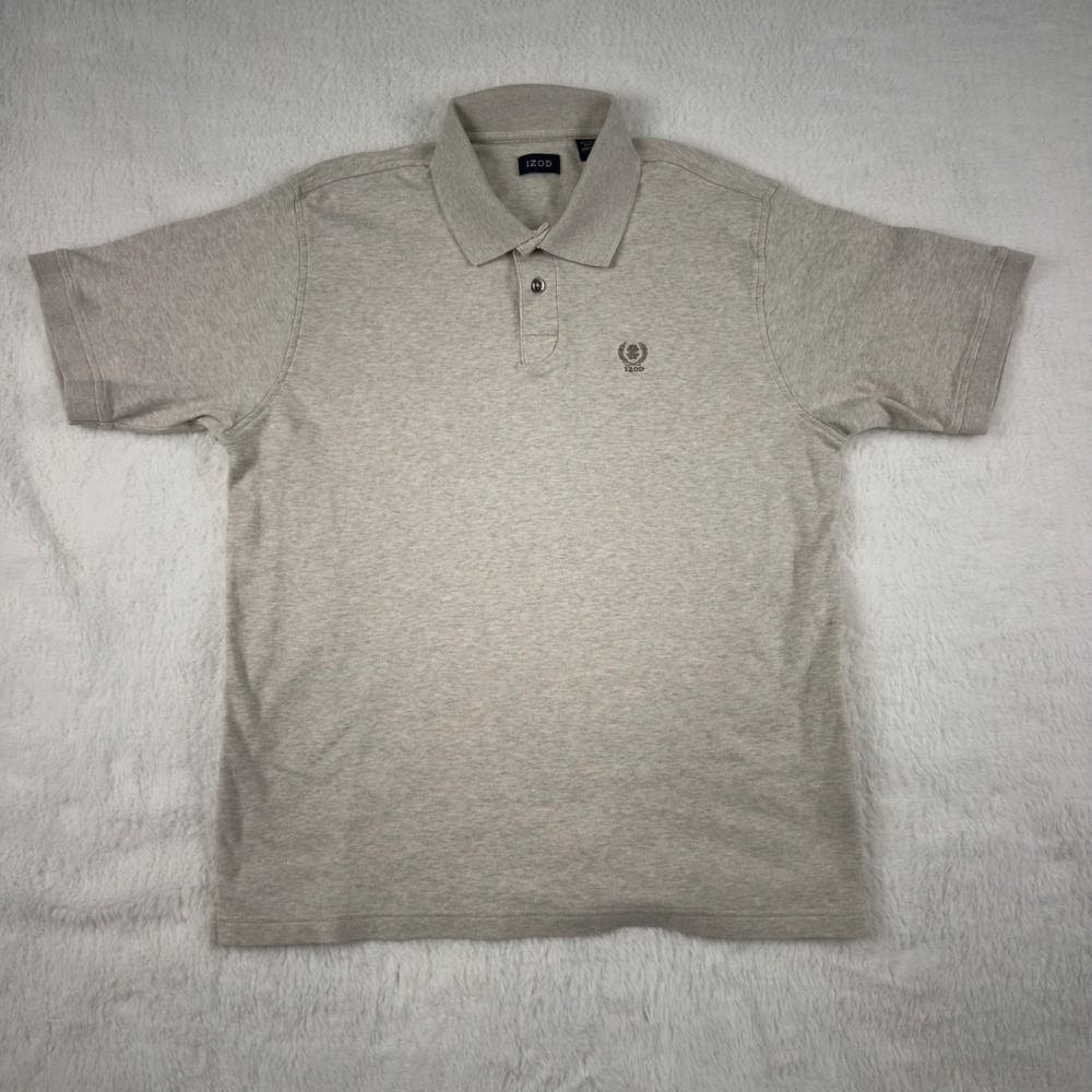 IZOD Mens Polo Shirt Large Beige Heather Cotton Short Sleeve Crest Logo L
